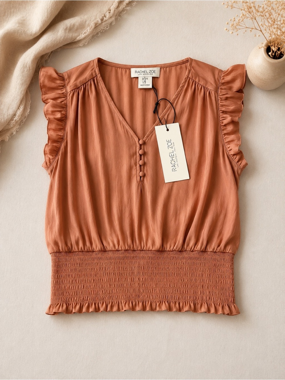 Rachel Zoe Rust Ruffle Sleeve Smocked Waist V-Neck Top